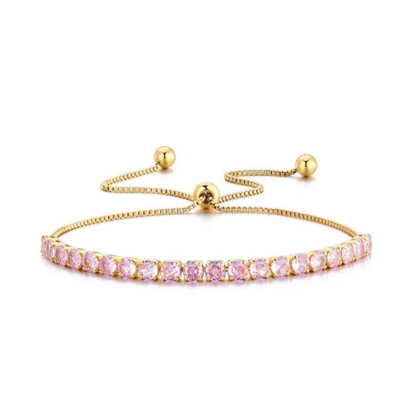 3/$35 Copper Chain Tennis Bracelet Pink Cubic Zirconia Gold Tone Diamond Jewelry - Picture 1 of 4